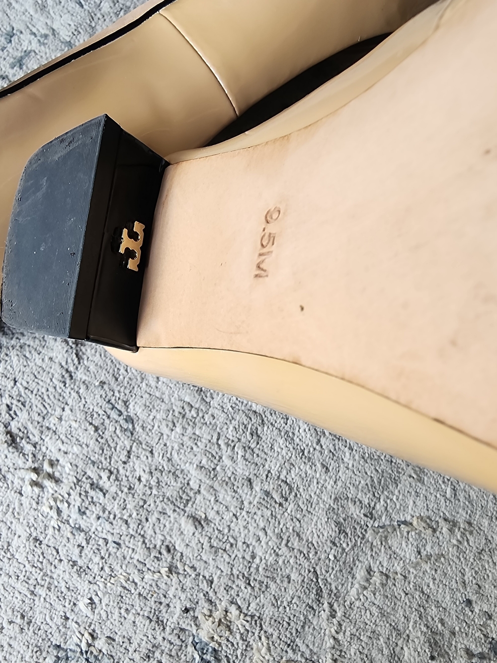 Two-Tone Beige and Black Cap-Toe Ballet Flats with Gold Accent - Picture 8 of 16